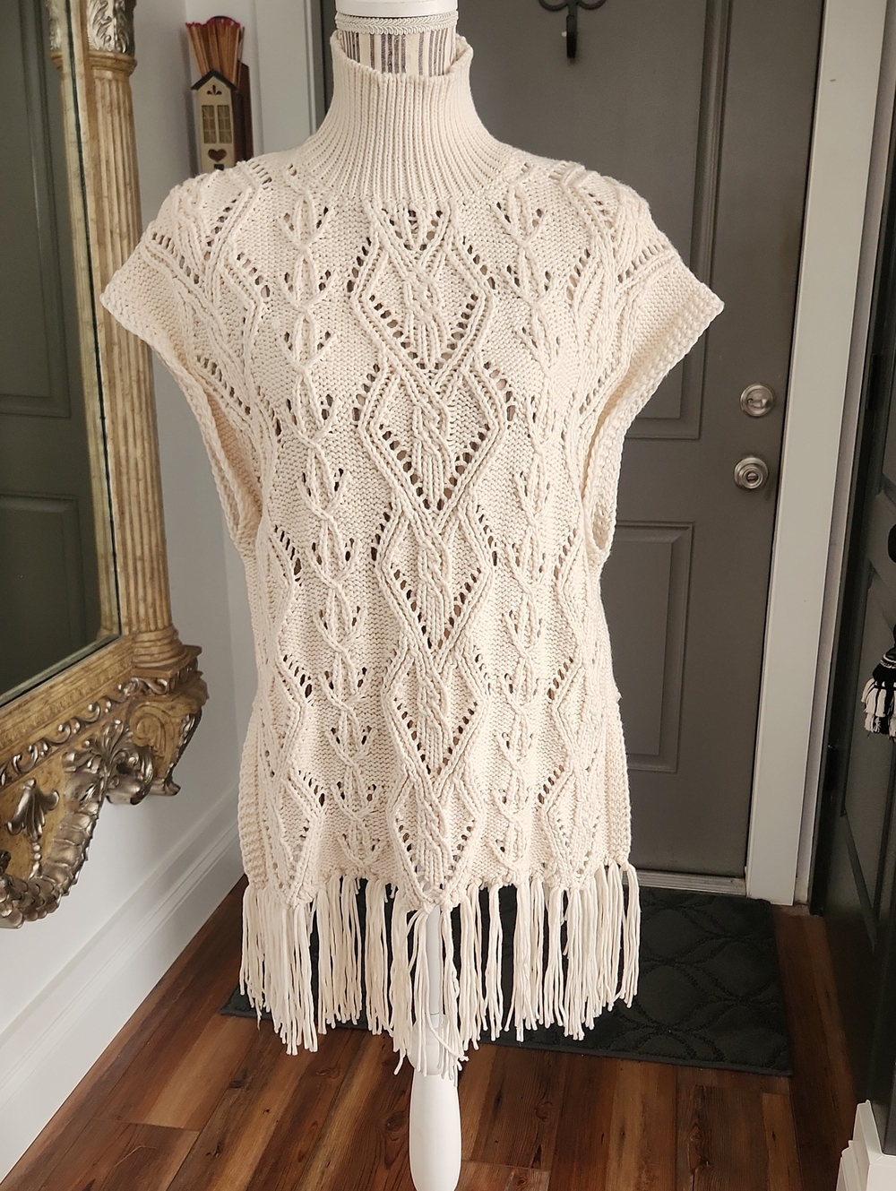 POL Turtleneck Fringe Cable Knit Sweater Vest - Cream